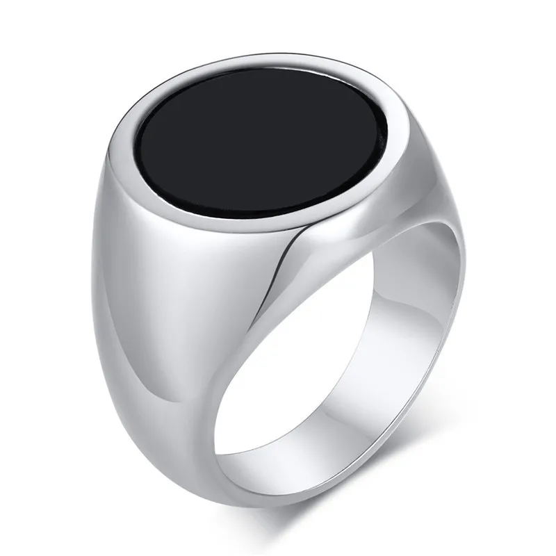 Modyle New Fashion Punk Round Top Signet Ring for Men Gothic Silver Color Stainless Steel Black Chunky Finger Ring Jewelry-animated-img