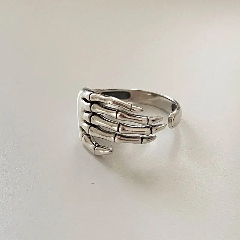 Resizable 925 Sterling Silver Ring Trend Punk Rock Vintage Creative Skeleton Hand Loop Party Jewelry for Women Gift finger ring