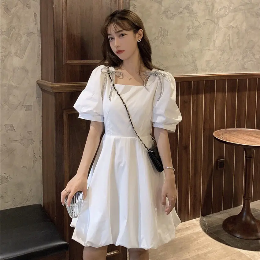 Summer Mini Dress Women White Puff 