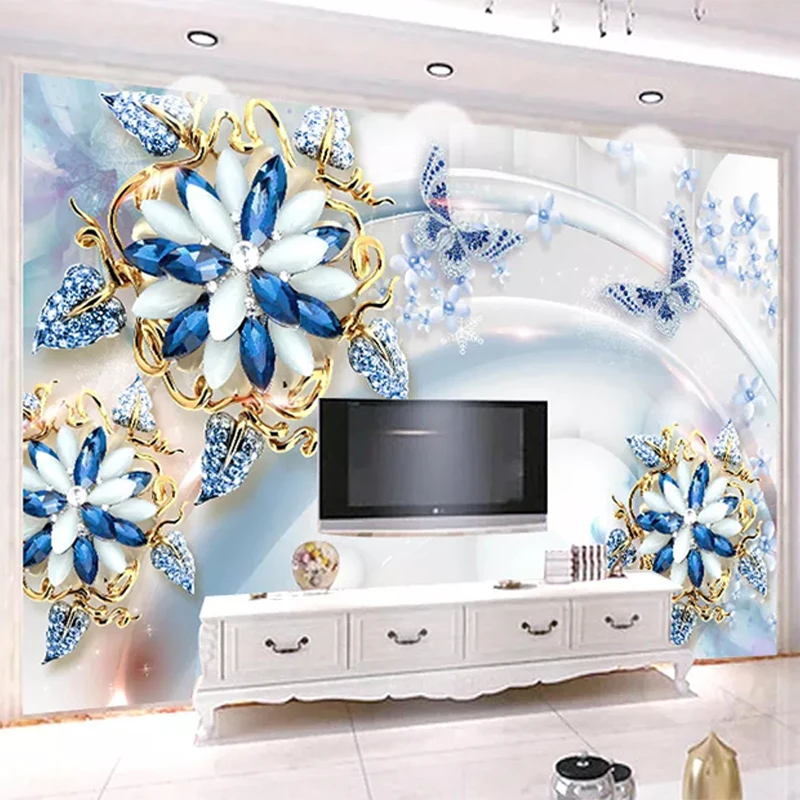 קנו כלי צביעה | Custom Mural Wallpaper 3D Stereo Blue Jewelry Flower Wall  Painting Living Room TV Sofa Luxury Home Decor Wall Paper For Walls 3D