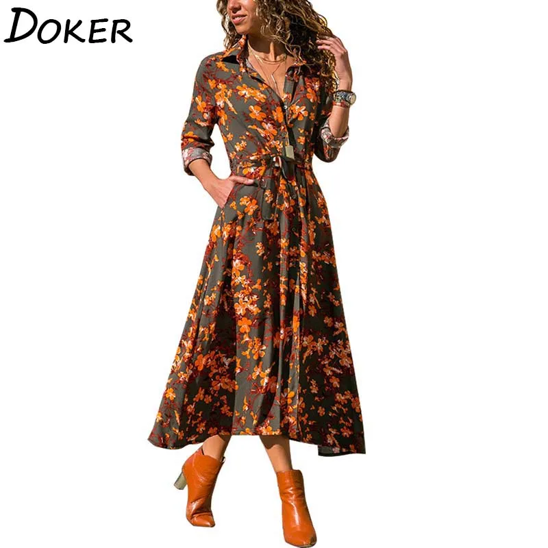Long Sleeve Floral Print Shirt Dress 