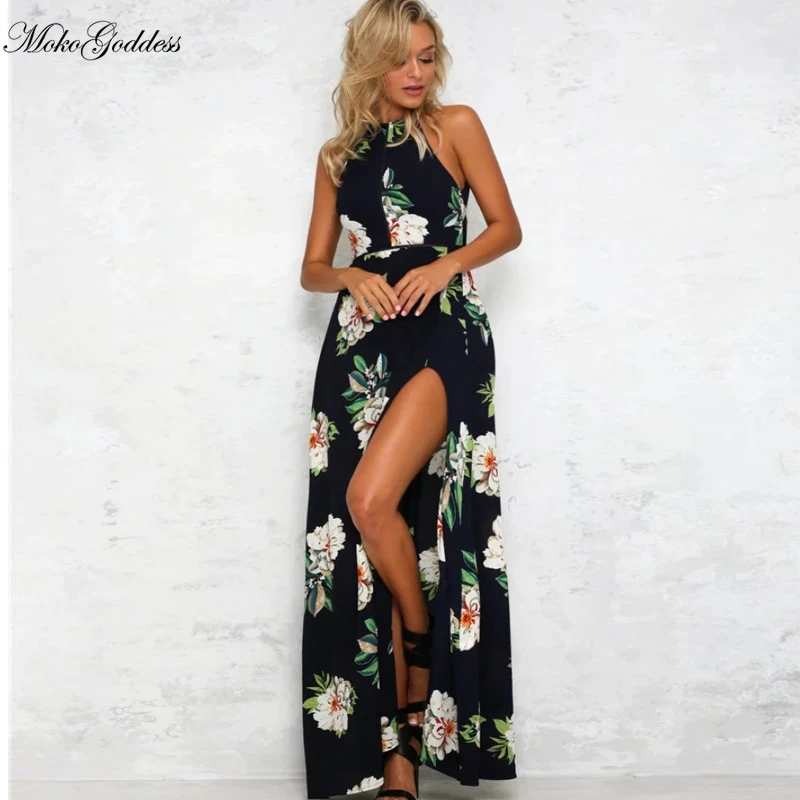 Moko Floral Print Halter Chiffon Long 