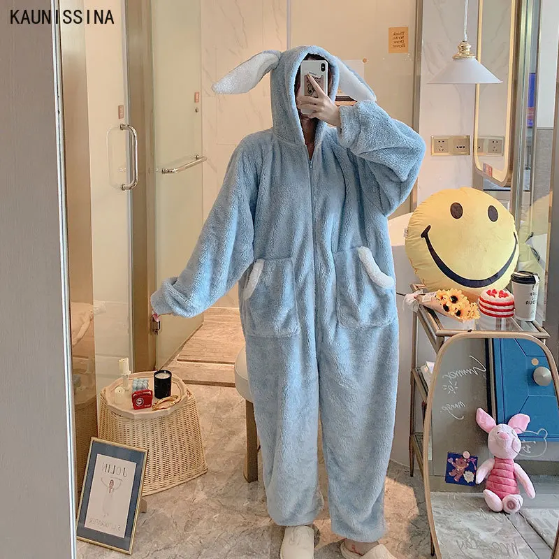 Proion Women Hooded Onesies Pajamas Long Warm Winter Adult Zipper One Piece Pajamas Coral Fleece Thick Cartoon Onesie Female Sleepwear