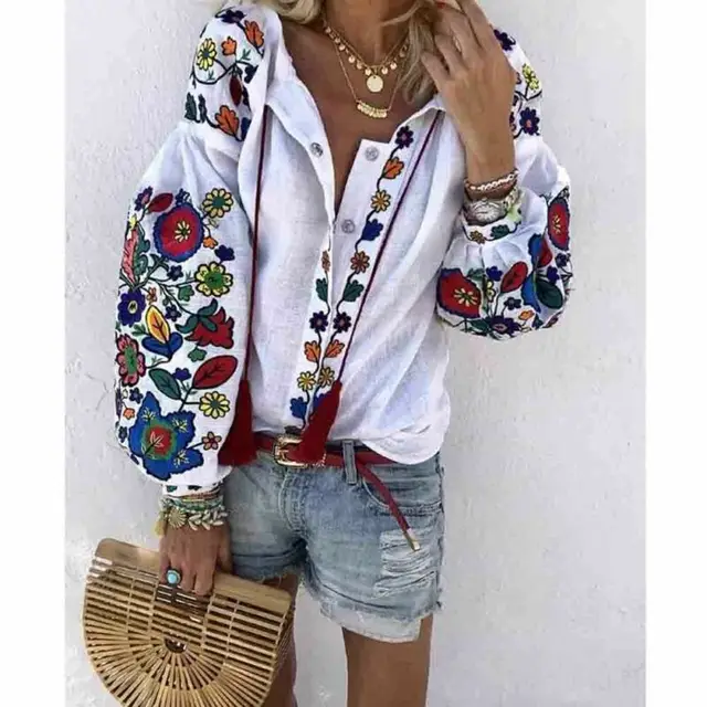 Women Shirt Button Flower Blouses Tee 
