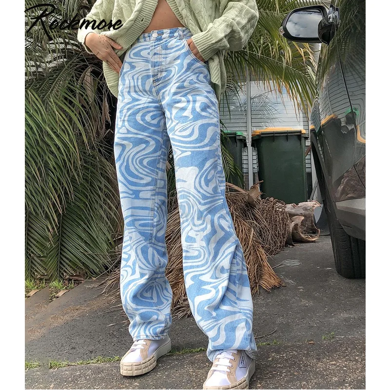 Rockmore Zebra Pattern High Waist Women'S Jeans 90s Streetwear Trousers Baggy Leg Pants Mom Boyfriend Pants Denim Capris