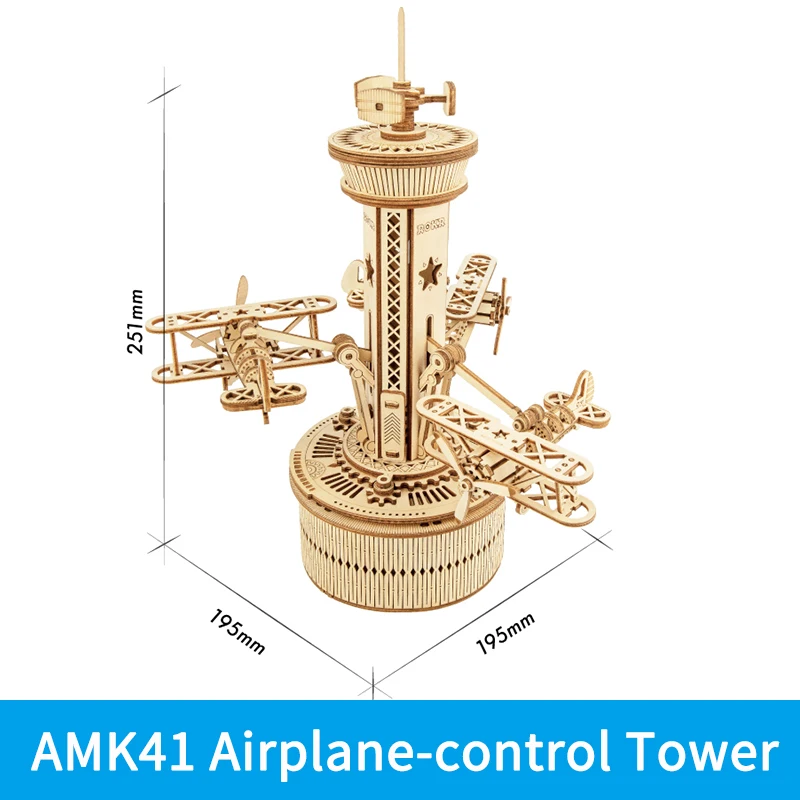 Robotime Rokr 3D Wooden Puzzles DIY Musical Box Model Kit Airplane-Control Tower Model Wooden Puzzle For Teens and Adults-animated-img