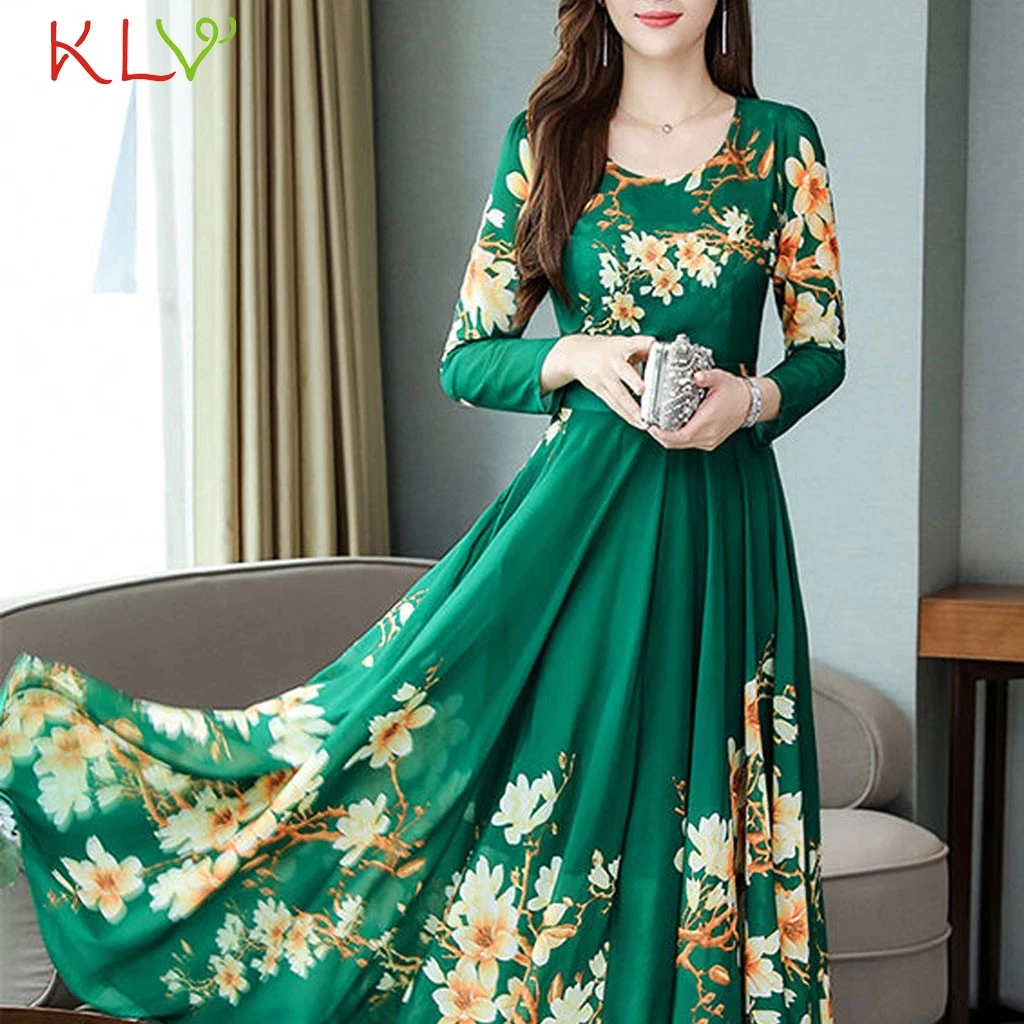 Floral Dress Women Elegant O-Neck Midi 