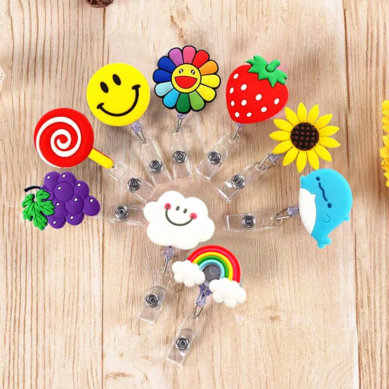 New Arrival 1 Piece High Quality Silicone Retractable Nurse Badge Holder Clip Fruits Dolphin Sunflowers Students ID card Holder-animated-img