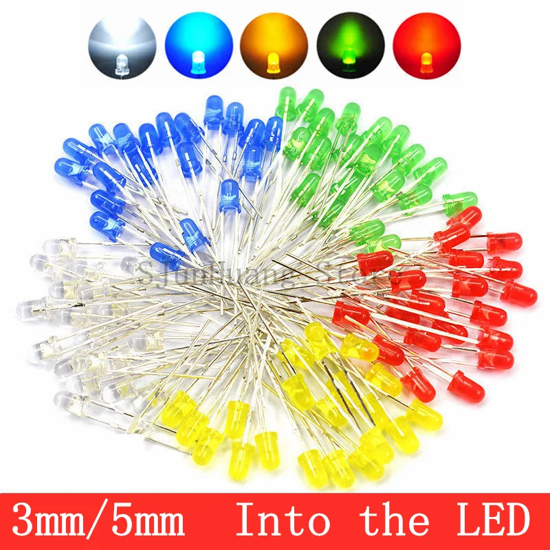 Купить Эл продукты 100pcs 3mm5mm Led Diode Assorted Kit White Green Red Blue Yellow Diy Light 4166