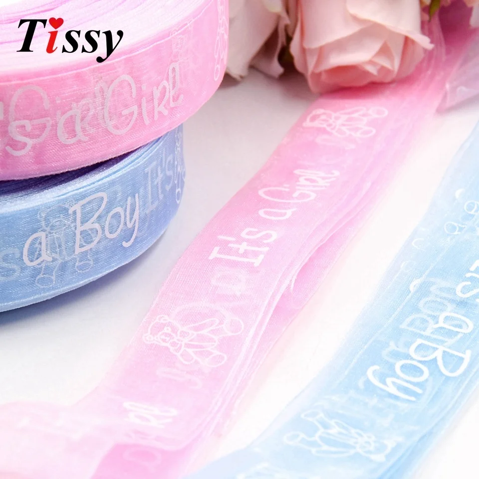 BIT.FLY 25mm 5yard It's A Boy/Girl Organza Ribbon Cute Pink/blue