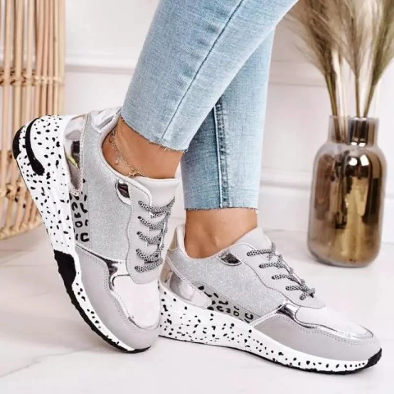 New Fashion Women's Sneakers Leopard Print Leather Thick Bottom