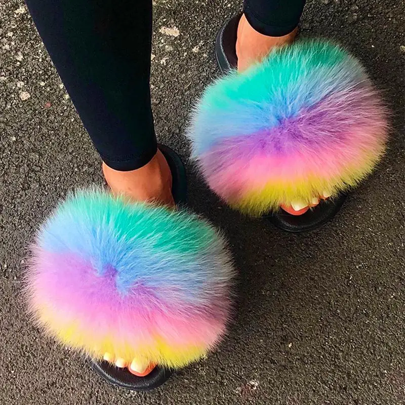 ETHEL ANDERSON Real Fox Raccoon Fur Slippers Slides Lady Summer Flip Flops Casual Cute Fur Sandals Plush Shoes Recommend