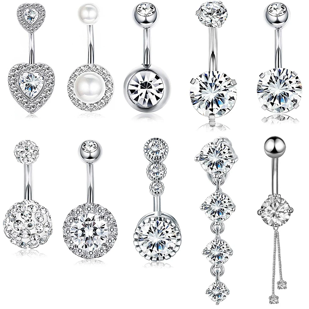 10 Styles Sexy Dangling Navel Belly Button Ring Oreja 14G Double Round Cubic Zirconia 316L Surgical Steel Belly Piercing Jewelry