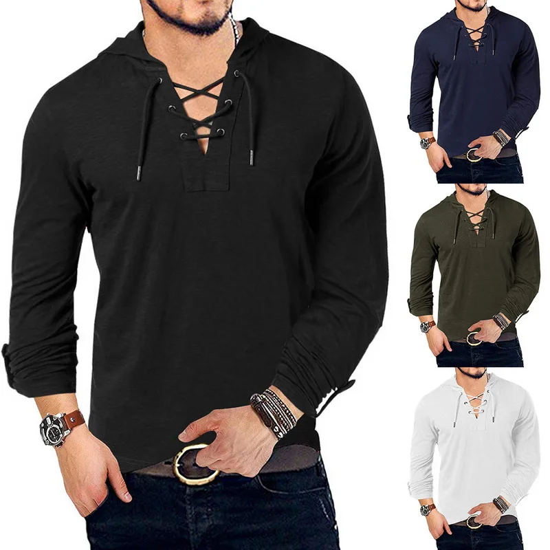 New Fashion Men's Hooded Tee Long Sleeve Cotton Henley T-Shirt Medieval Lace Up V Neck Outdoor Tee Tops Loose Casual Solid Shirt
