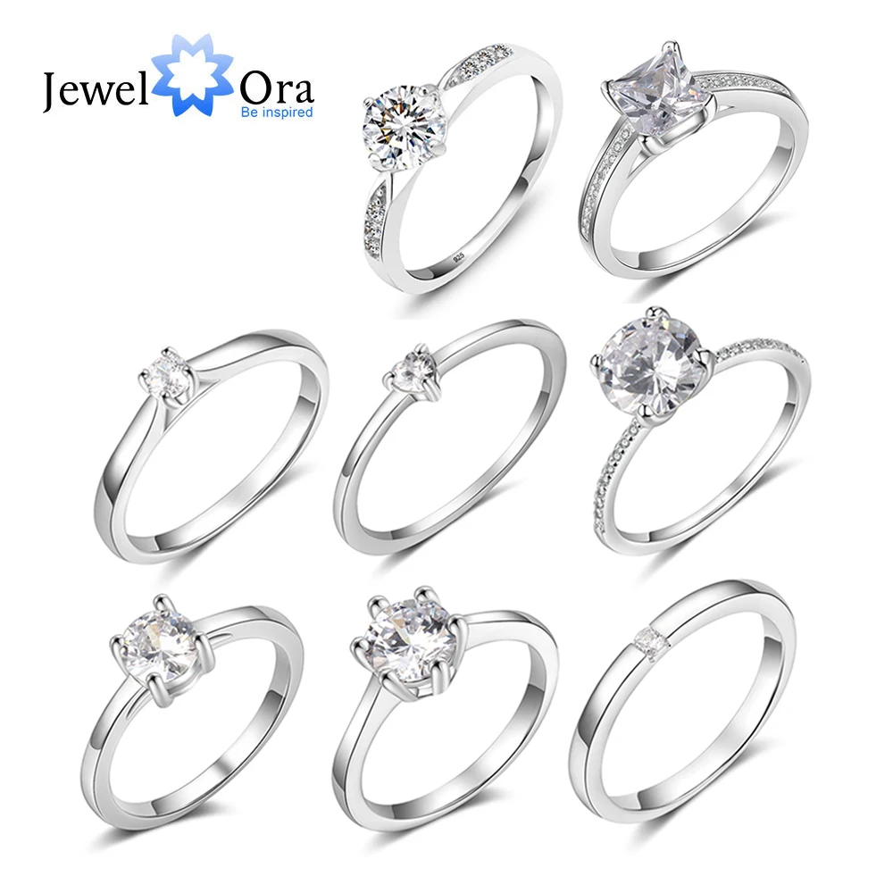 JewelOra Silver color Ring with Cubic Zirconia Classic Style Wedding Engagement Rings for Women Bridesmaid Gifts-animated-img