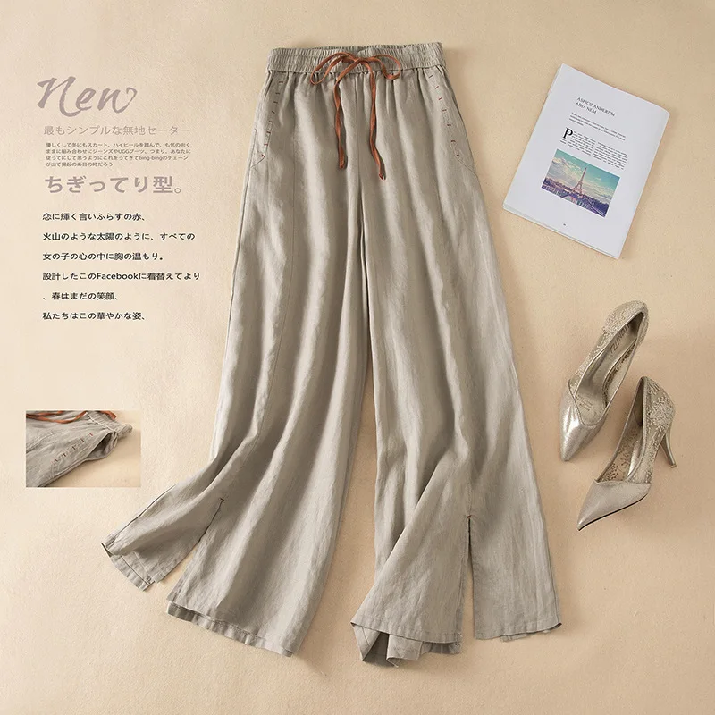 Cotton Linen Pants for Women Stacked Loose Vintage Solid Basic