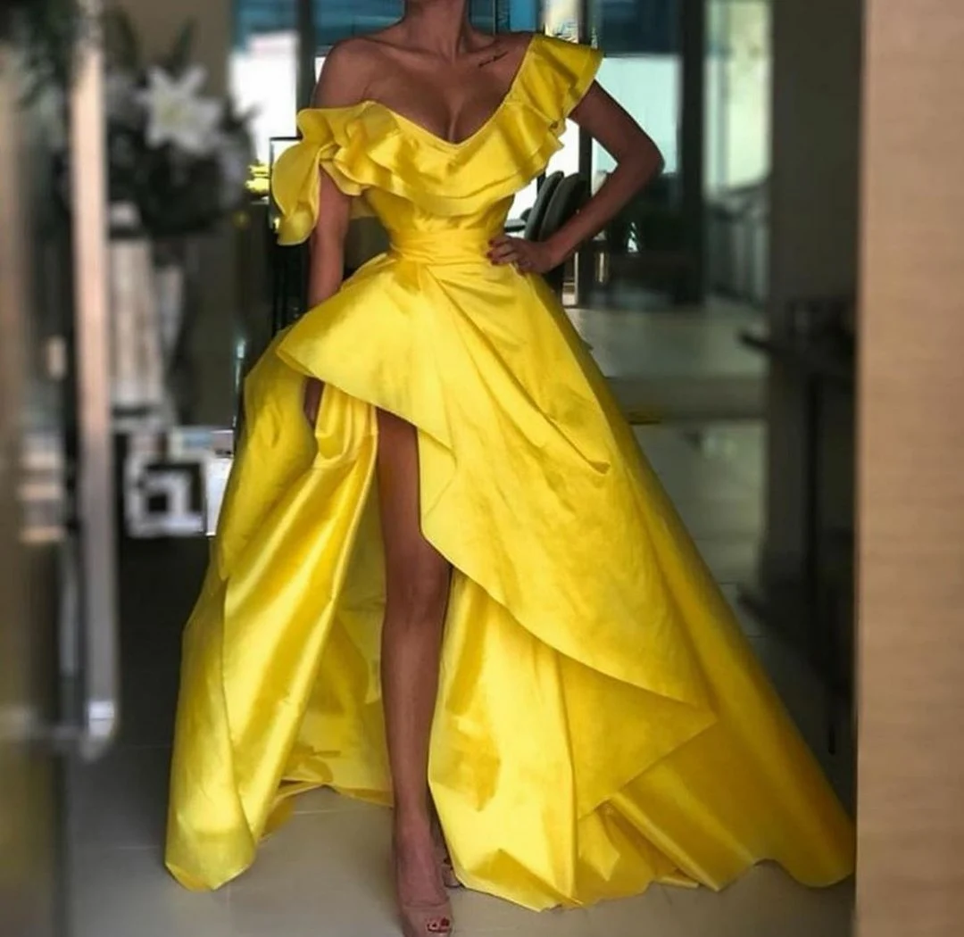Elegant Long Satin Yellow One Shoulder 