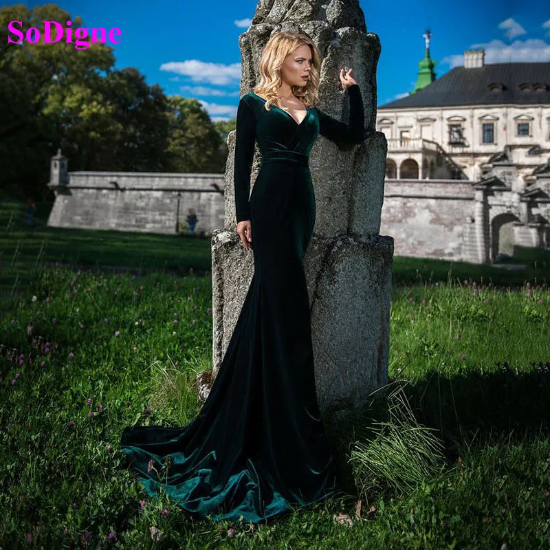 SoDigne Velvet Simple Long Mermaid Prom 