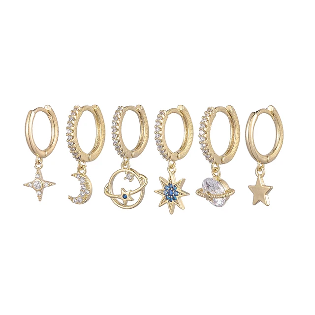 ANENJERY 6 pieces/set 925 Sterling Silver Planet Star Moon Hoop Earrings for Women Shiny Micro Zircon Romantic Earrings Gift