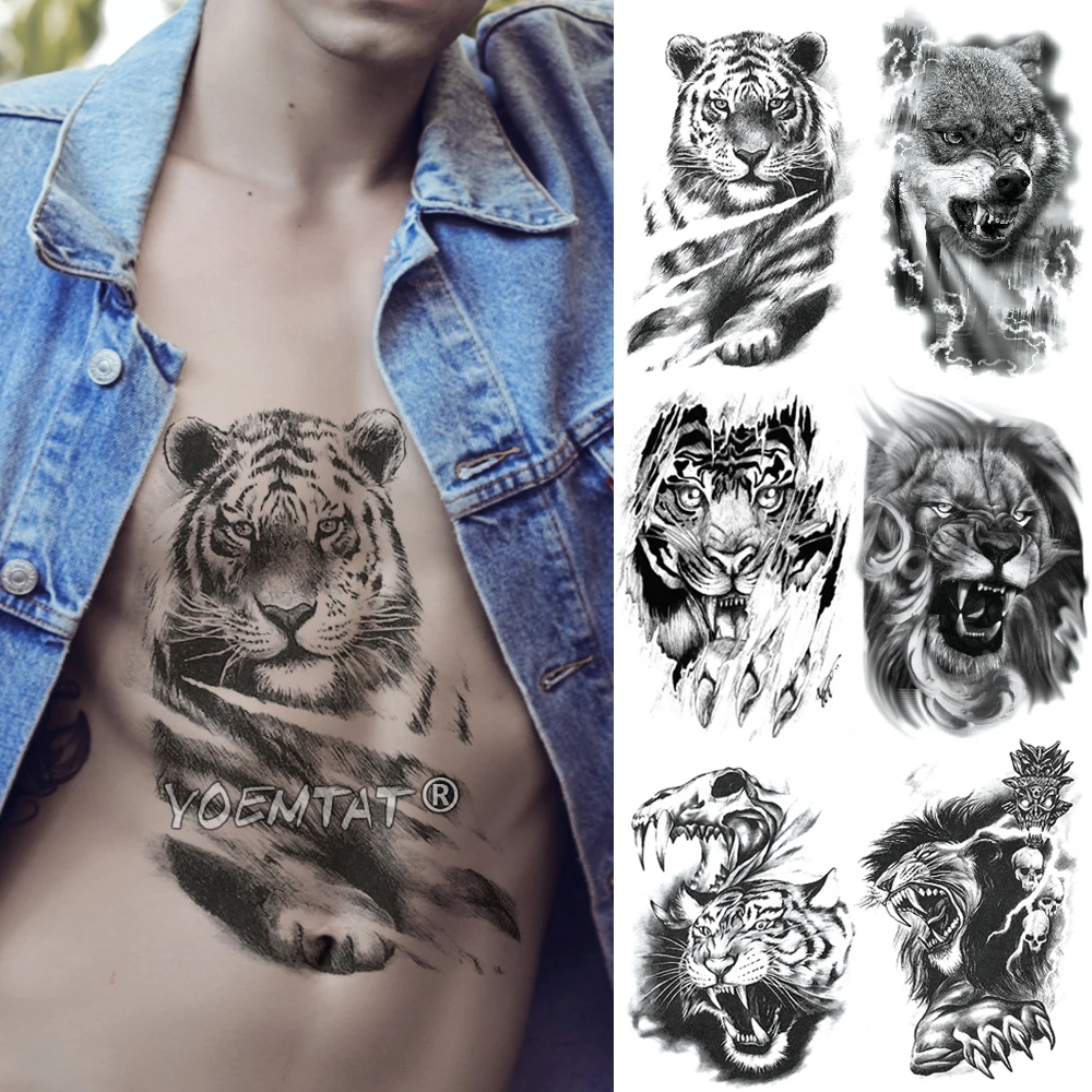 Upper Arm Sleeve Tattoo Crown Lion Tiger Wolf Head Waterproof Temporary  Tattoo Stickers Body Art Fake Tattoo For Women Men