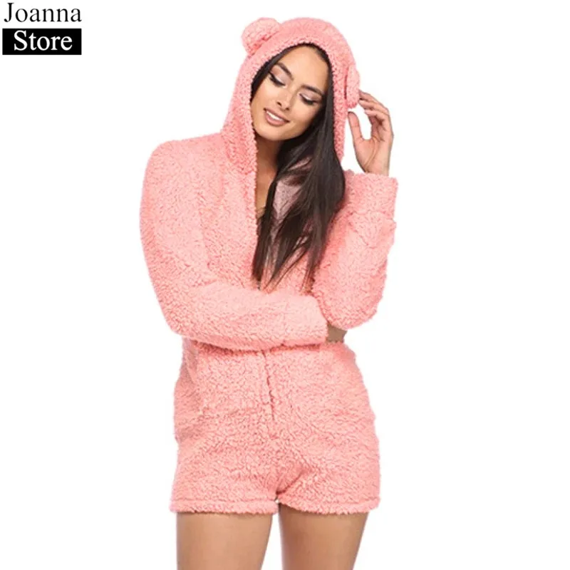 Agora Foremata Rompers Autumn Winter New Women Hooded Cute Plush Ears One Piece Home Service Long Sleeve Furry Jumpsuits Female Plus Size Teddy Clothes