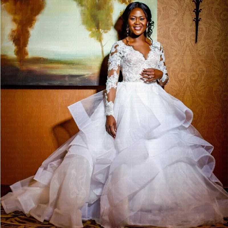 Αγορά Νυφικά  Luxury African Ruffles Wedding Dress 2022 Ball Gown With  Long Sleeve Lace Plus Size Bridal Dresses