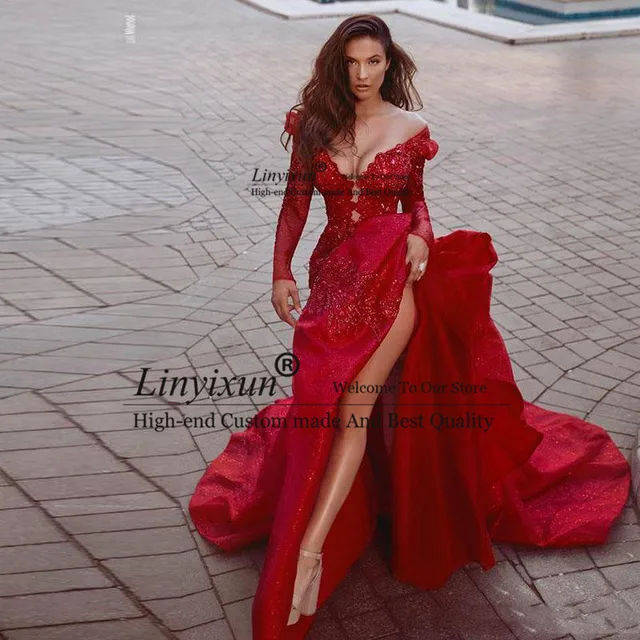 2020 Red Mermaid Prom Dresses High Side 