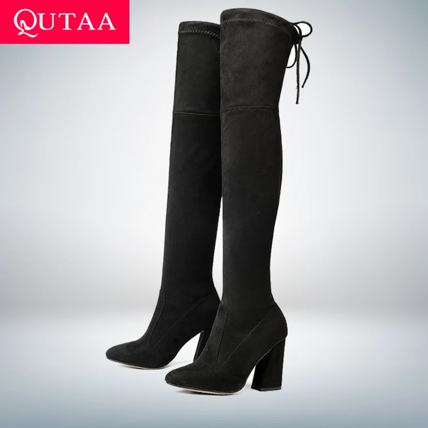 QUTAA 2021 New Flock Leather Women Over The Knee Boots Lace Up Sexy High Heels Autumn Woman Shoes Winter Women Boots Size 34-43-animated-img
