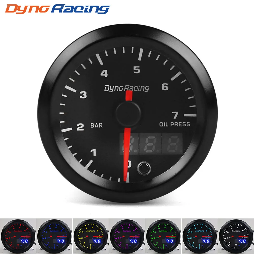 Dynoracing 2" 52mm Dual Display Oil Pressure Gauge 0-7 BAR  7 Colors LED Oil Press Meter High Speed Motor With Sensor  BX101734-animated-img