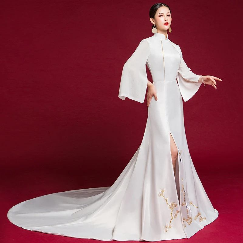 White Bell Sleeve Embroidery Cheongsam 