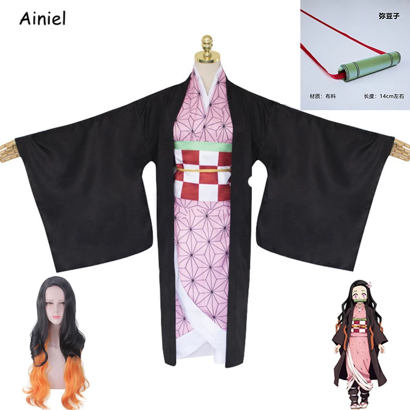 Agora Kostoymia Kai A3esoyar Women Girls Anime Demon Slayer Kimetsu No Yaiba Cosplay Costume Kamado Nezuko Kimono Dress Uniform Long Wigs Synthetic Hair Wigs