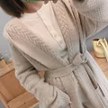 V-neck cashmere cardigan women's medium and long Hoodie thickened lazy sweater twisted flower loose tie coat thick preview-5