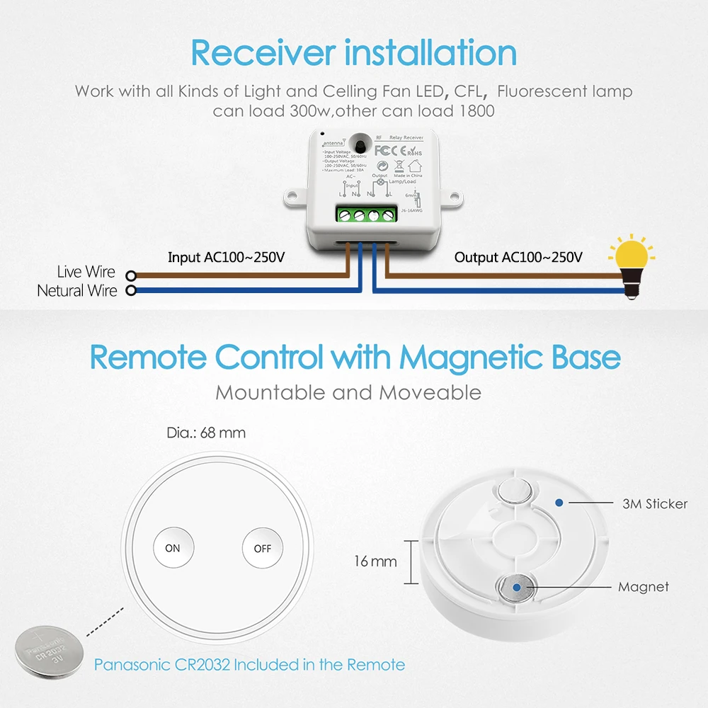 LoraTap 868Mhz Magnetic Smart Light Switch LED Push Button Wireless Remote  Control AC100~250V 10A 1 CH Relay Controller for Lamp