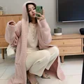 V-neck cashmere cardigan women's medium and long Hoodie thickened lazy sweater twisted flower loose tie coat thick preview-2