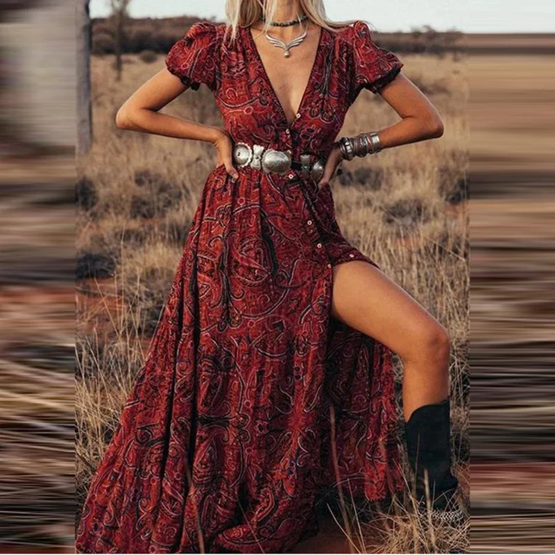 bohemian deep v dress