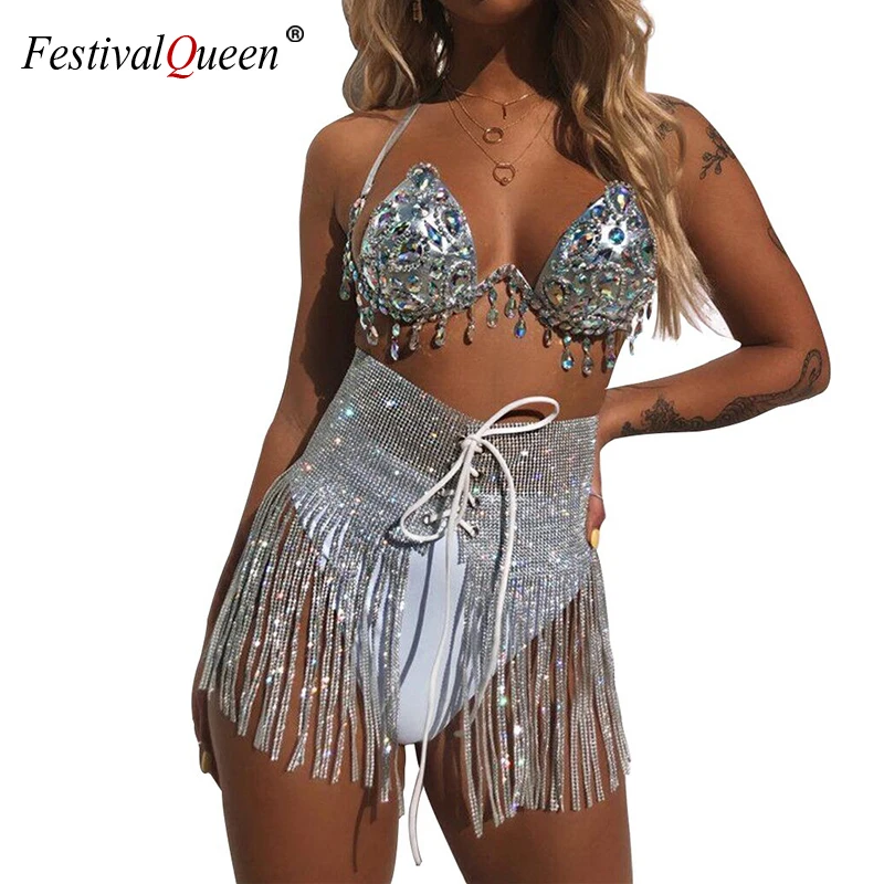 קנו מכנסיים לנשים  Festival Sexy Rhinestone Sequins Tassel Skirt