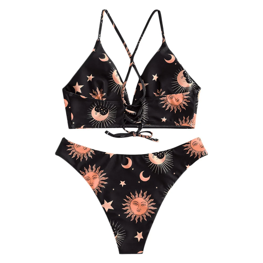 lace up sun and moon padded tankini swimsuit