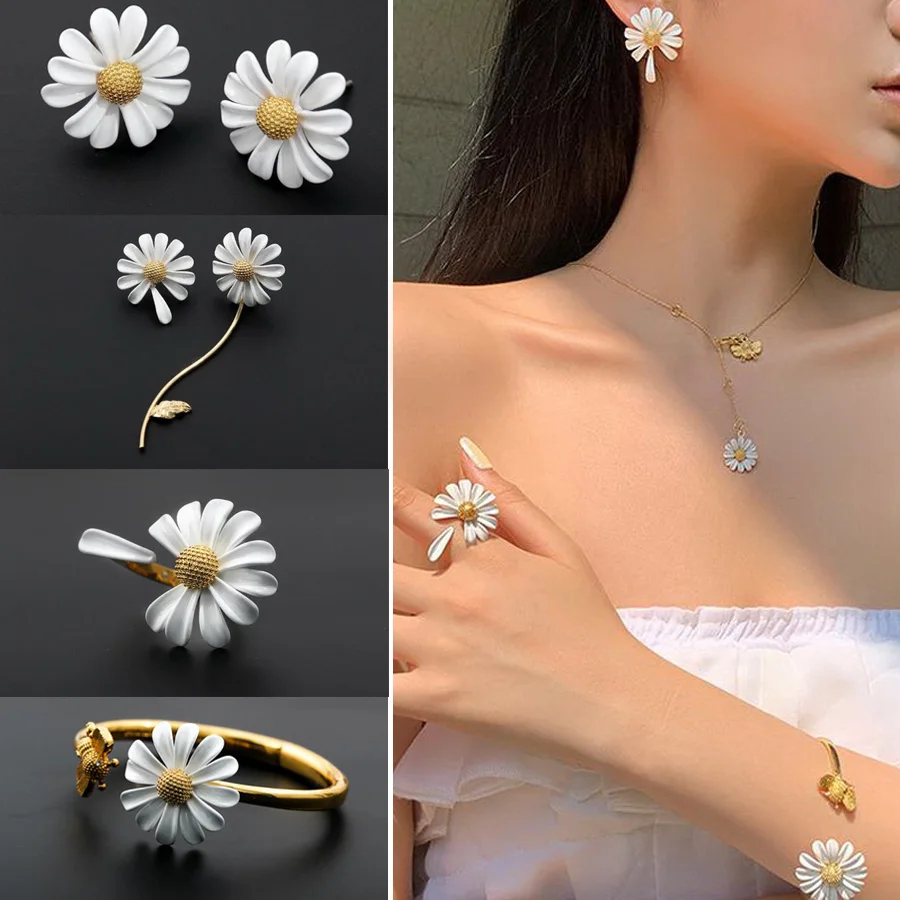 Korean Style Cute Small Daisy Flower Stud Earrings For Women Girls Sweet Statement Asymmetrical Earring Party Jewelry Gifts-animated-img