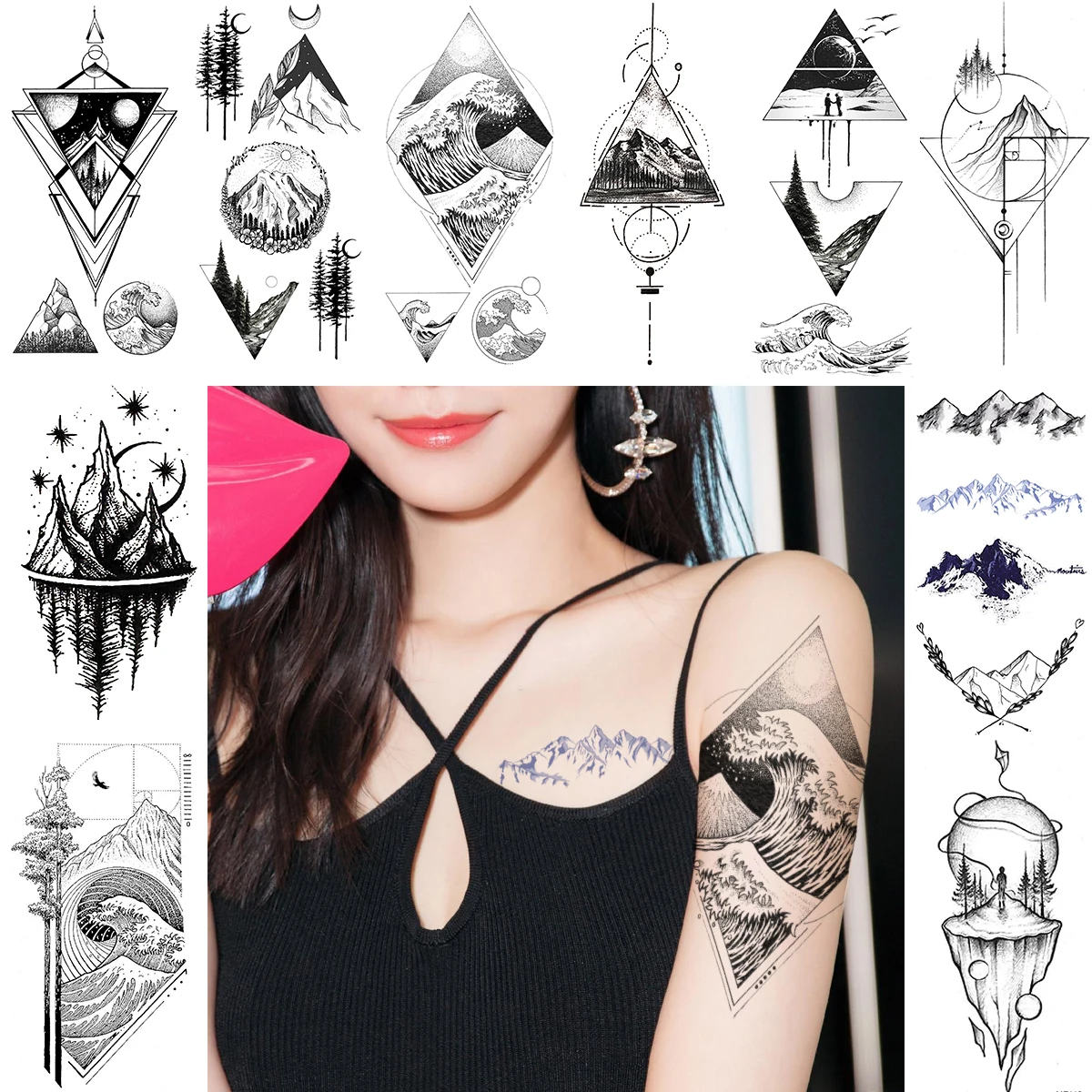 Купить Татуировка и боди-арт | Diamond Rhombus Wave Temporary Tattoos  Triangle Planets Mountain Tattoo Sticker For Men Women Geometric Body Art  Arm Neck Tatoos