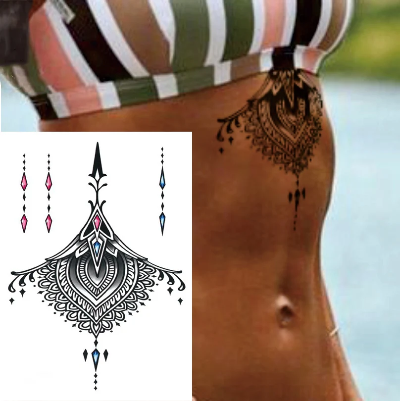 Black Feather Lotus Henna Temporary Tattoos For Women Underboob Girls  Butterfly Flower Fake Tattoo Sticker Body Boobs Tatoos - Temporary Tattoos  - AliExpress