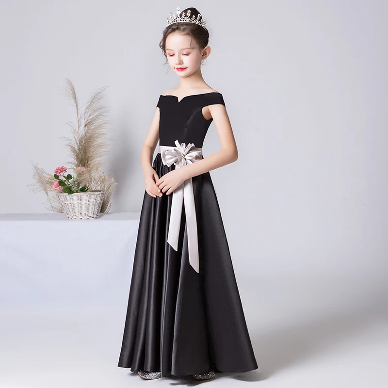 Black Satin Off The Shoulder Long Girls 
