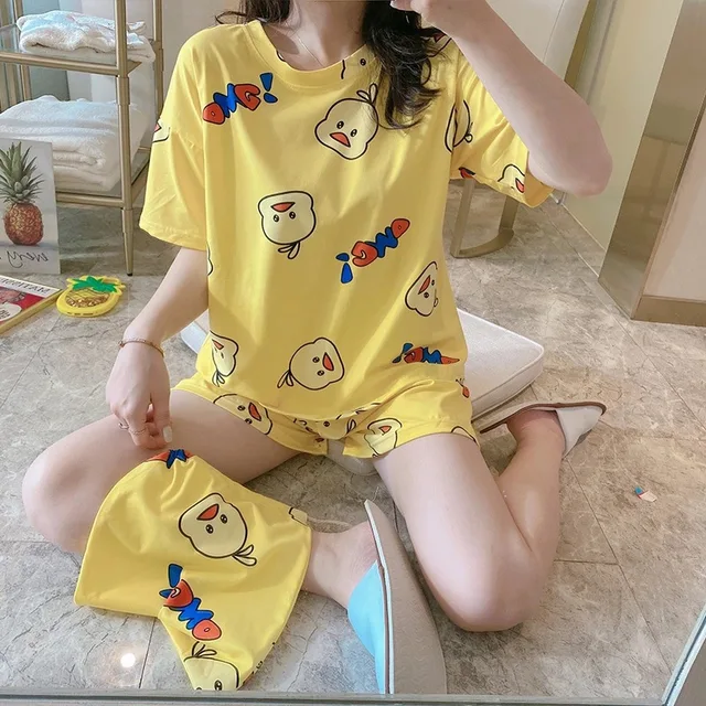 Cute Orange Fruit Print Summer Pajamas Set For Women Girls Short Sleeve  Loose Casual Sleepwear T