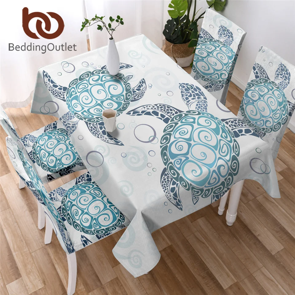 BeddingOutlet Sea Turtles Tablecloth Tortoise and Bubbles Waterproof Table Cloth Blue Green Marine Animal Decorative Table Cover-animated-img