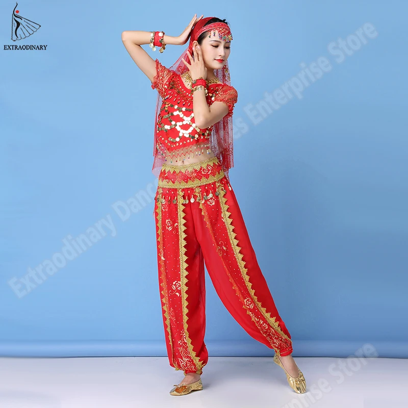 Купить Сценическая и танцевальная одежда  Indian Belly Dance Costumes Set  Sari Bollywood Dance Women Chiffon Half Sleeve Coin  Top+Belt+Pants+Veil+Hairpin Girl