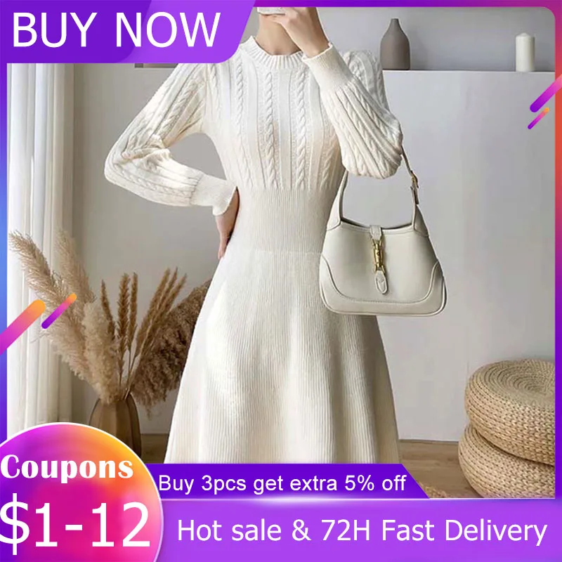 Dress Women New 2021 Knitting Solid Color Round Neck Long Sleeve High Waist Autumn Winter Casual Simplicity Korean Fashion