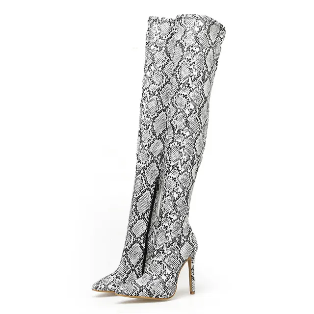 white snake print thigh high boots