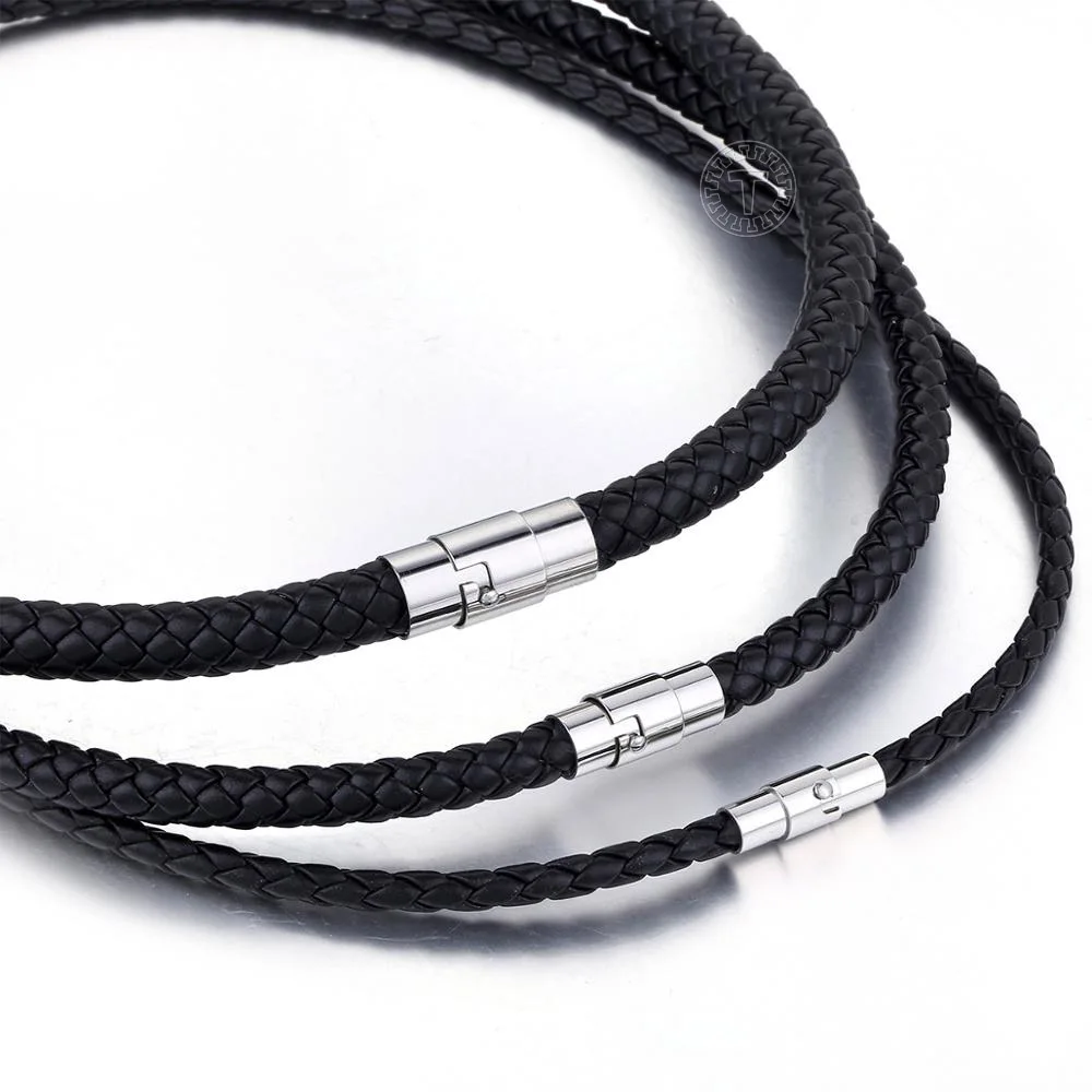 Mens Necklace Choker Brown Black Braided Cord Rope Artificial Leather Necklace For Men Stainless Steel Clasp 4/6/8mm LUNM09-animated-img