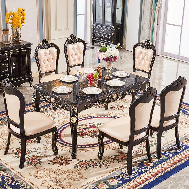 wood dining table with six chairs