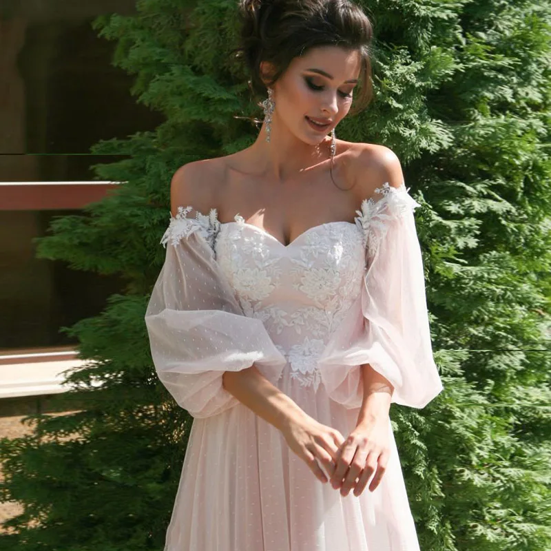 Blush Pink Wedding Dress Puff Sleeve 