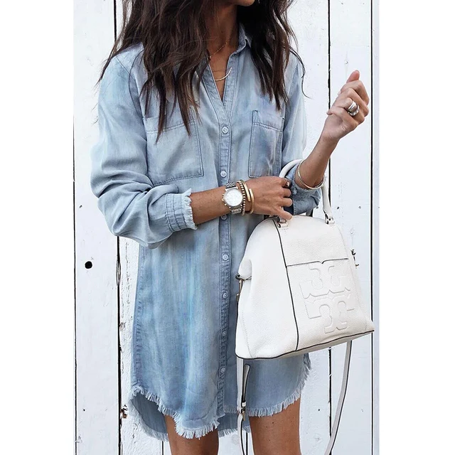 Women Casual Denim Shirt Dress Ladies 